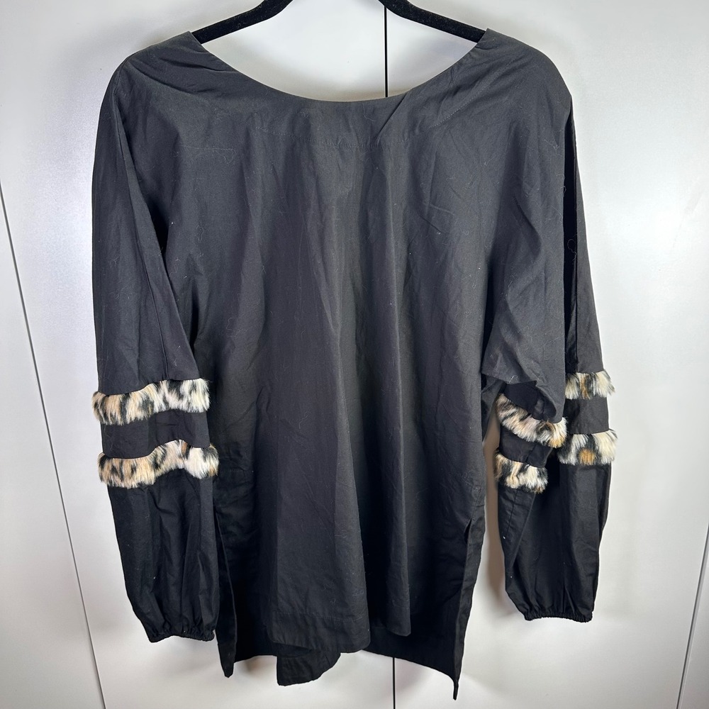 Zara Basic Womens M Black Long Sleeve Blouse Leopard Faux Fur Trim Sleeve